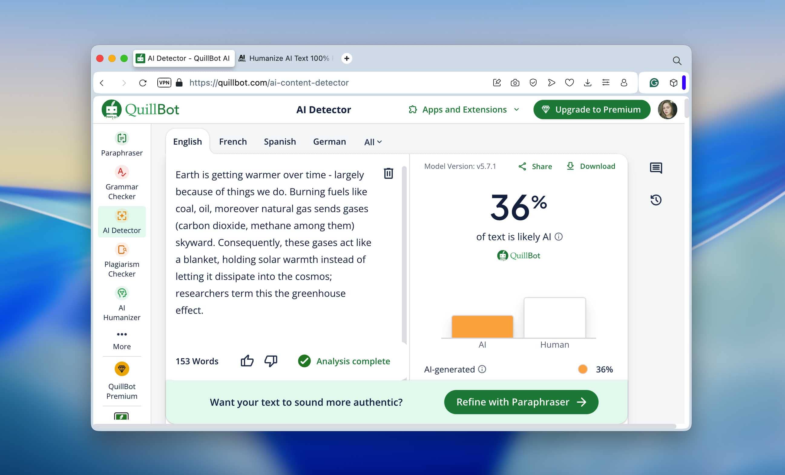 Quillbot result after humanizer